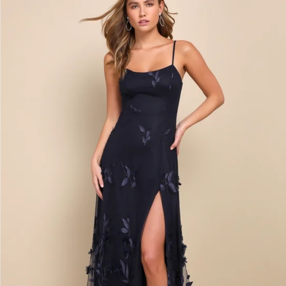 Abundant Charm Navy Blue 3D Floral Applique Maxi Dress